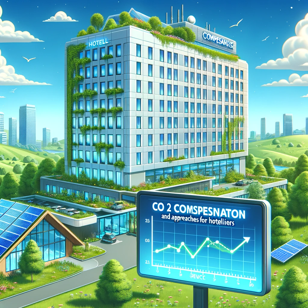 City Hotel with green fasade and sign about CO2 compansation